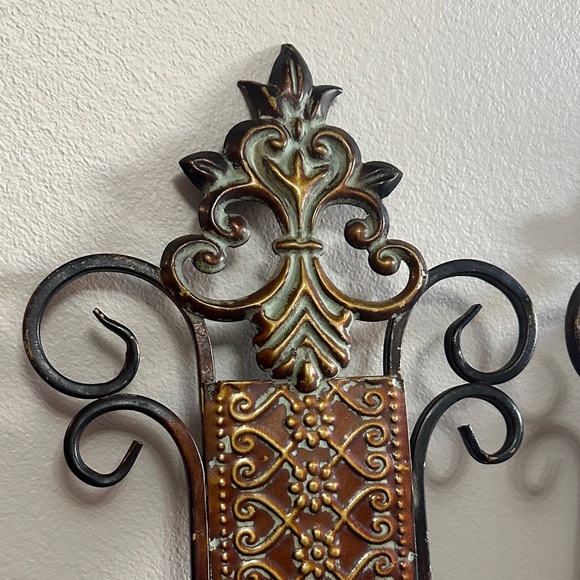 Ornate Metal Brown and Gold Patina Wall Sconces - Picture 2 of 5